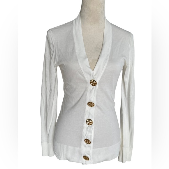 Tory burch white long sleeve v-neck gold bottoms simon cardigan - Picture 3 of 12